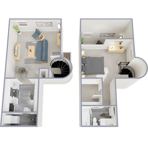 A floor plan of a two-story apartment with a living room, kitchen, and bedrooms.